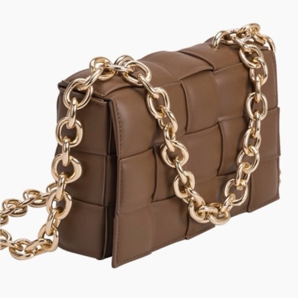 Woven Quilted Shoulder Bag with Dual Gold Chain Straps